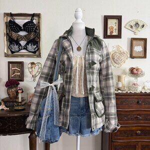y2k twee girly grunge cozy plaid zip up hooded jacket